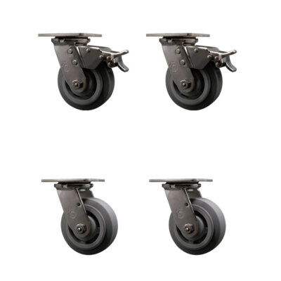5 Inch 316SS Thermo Flat Tread Swivel Caster Set with Roller Bearings 2 Brakes