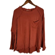 Umgee Womens Burnt Orange Linen Blend Frayed Hem Long Sleeve Hi Lo Boho Size M