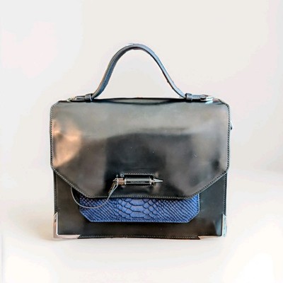 Mackage Keeley Large Leather Crossbody Bag Black Cobalt Python Embossed Satchel