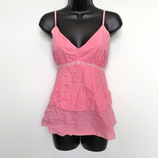 VTG Designs Pink Cotton Tiered Babydoll Camisole Top Crochet Lace Trim Y2K