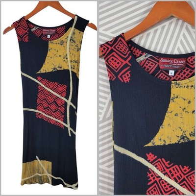 Vintage Sunset Rose Dress size Small art wear Mini Tie Back Geometric Black Red