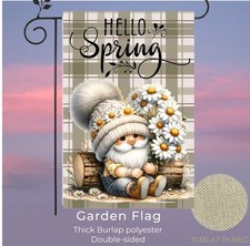 Garden Flag, 12  x18  , Hello Spring Gnome, Thick Burlap Polyester Doublesided