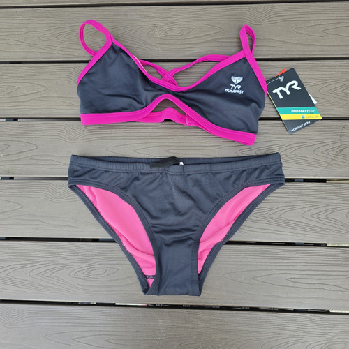 TYR Womens Durafast Grey/pink Crosscutfit Workout Bikini Set Sz L NEW