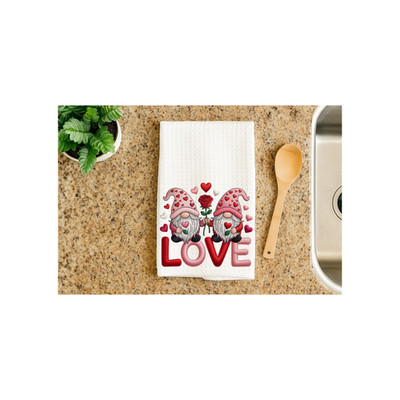 Valentine's Day Gnomes Kitchen Towel 16x24 Love Rose Crochet Style Art Red Pink
