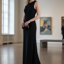 Vtg Carole Little Black Wool Blend Beaded Criss Cross Full Length Sheath Dress