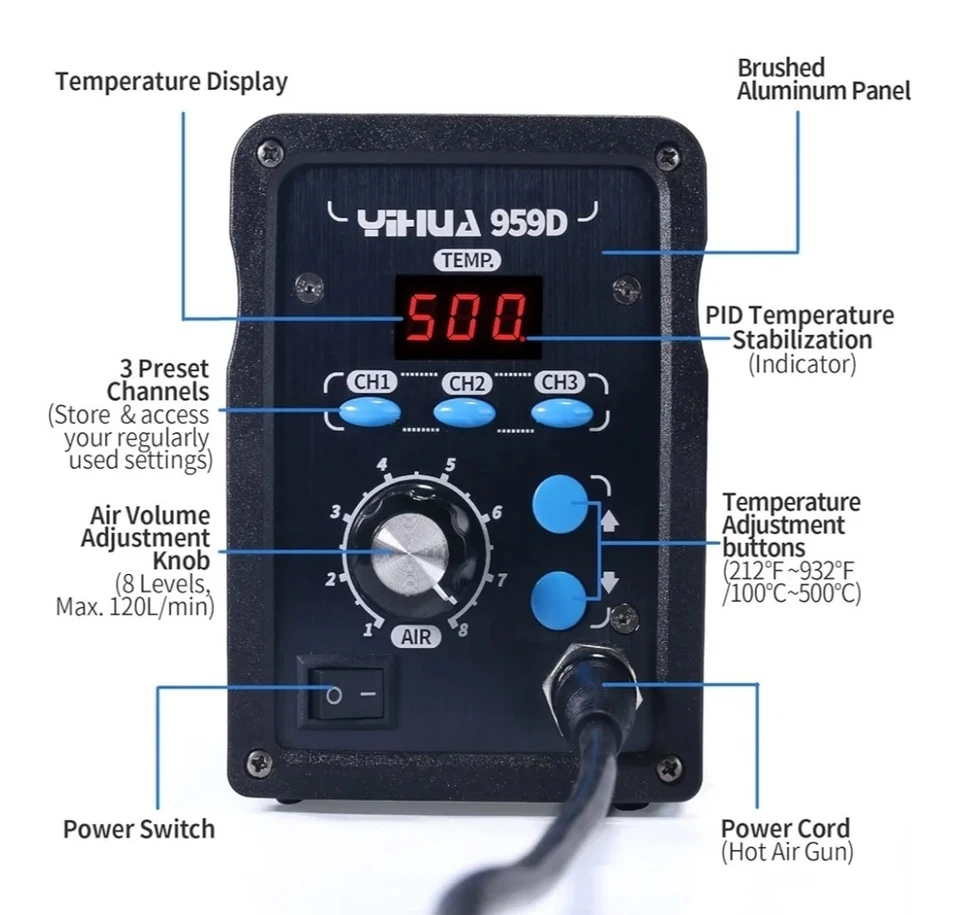 YIHUA 959D-Estación Digital de Retrabajo de Aire Caliente, Alta Potencia con 3 Recuerdos,... Foto 4 de 4