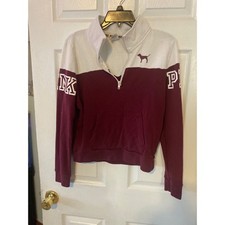 Pink Victorias Secret Quarter Zip Pullover Sweatshirt Maroon White Colorblock M