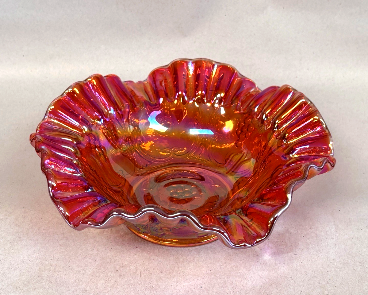 Mosser Red Orange Carnival Glass Grape & Cherry Thumbprint Ruffled