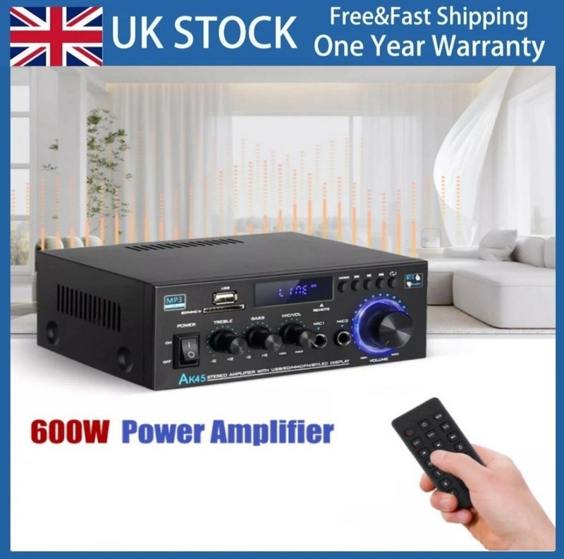 600W Digital Power Amplifier bluetooth Stereo HiFi Audio 2CH USB FM W/ Remote
