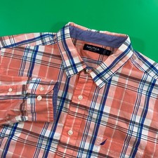 Nautica Mens Plaid Button Down Long Sleeve Shirt Coral Blue White Large