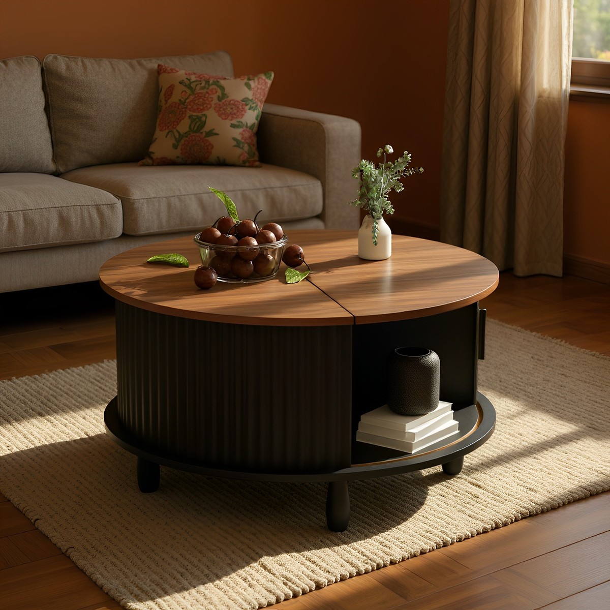 Wooden Coffee Table w/Storage Round & Sliding Cabinet Door for