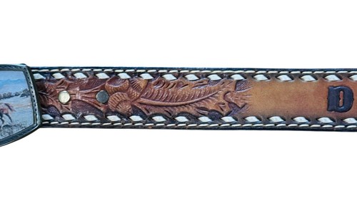 Hand Tooled Belt Leather Buckle Stamped DAVID Brown Country Western EUC Vintage - Picture 4 of 12