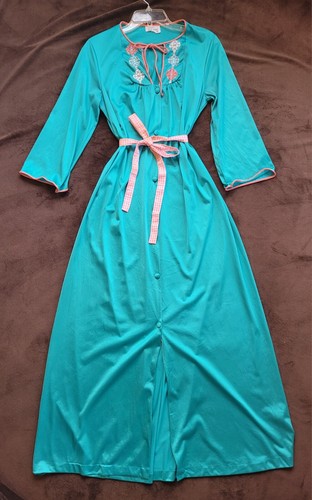 Vintage 70s Flower Teal Maxi Dress Dressing Gown Robe Tie Waist Mod Size S/M
