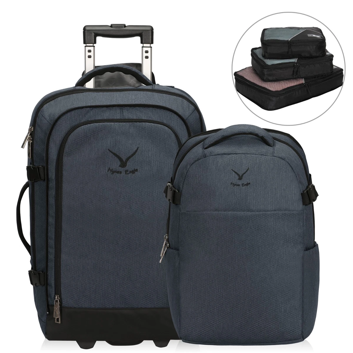 Convetible 22'' Rolling Carry on Luggage Detachable Backpack 3pcs Packing Cubes