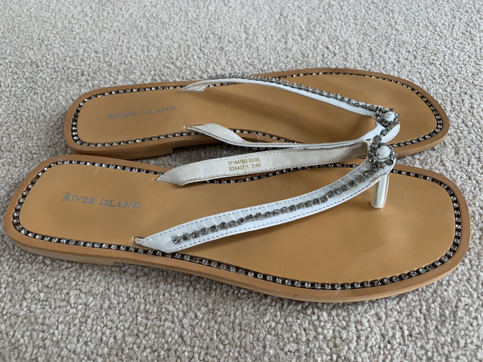 River Island White Diamante Leather Embellished Flip Flop Sandals Size 7  VGC | eBay