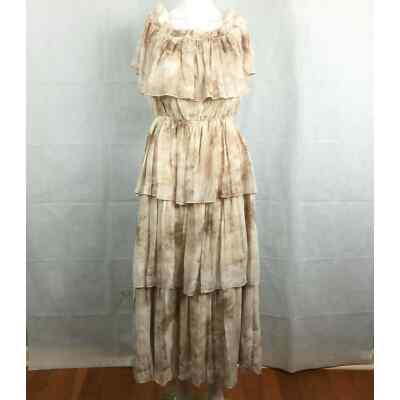 La Ven Dress Womens Sz M Tan Beige Layered Chiffon Maxi Gypsy Tiered Fairy