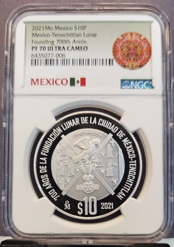2021 MEXICO SILVER 10 PESOS TENOCHTITLAN LUNAR FOUNDING NGC PF 70 ULTRA CAMEO
