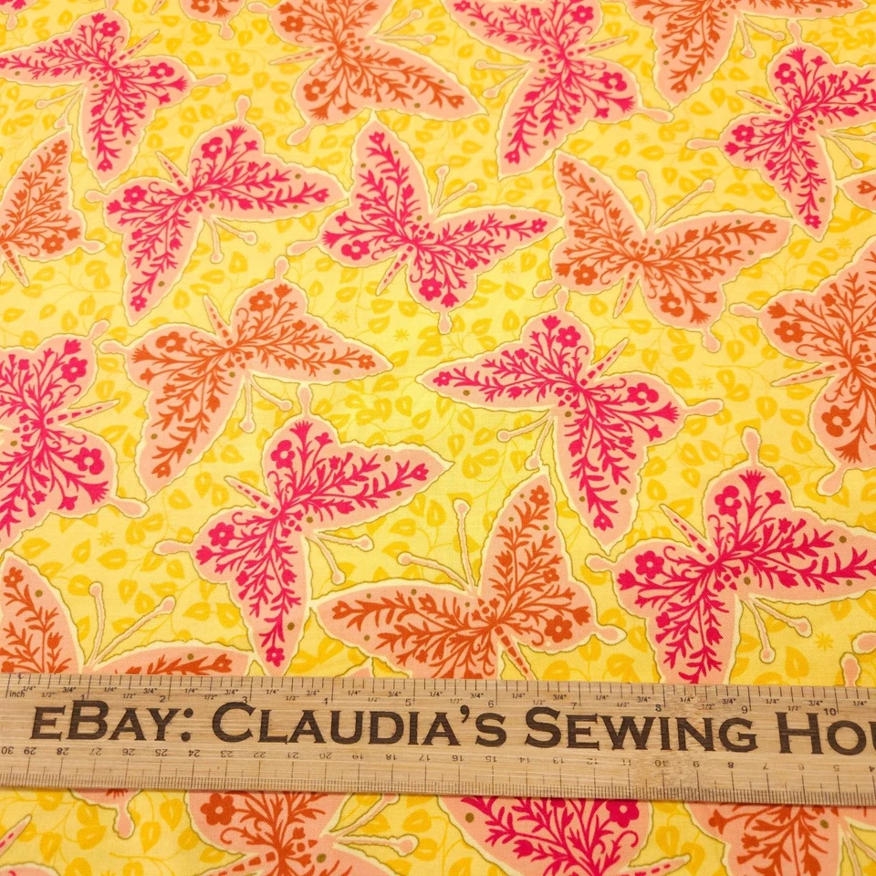 Willow BTY Junebee Ink & Arrow Floral Butterfly Orange Rust Red on Yellow - Image 2 of 3