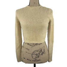 FOREVER 21 Junior's Small Tan Crop Top Short Back Long Sleeve Bottom Tie Accent