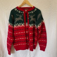 VTG Eddie Bauer Women's Wool Cardigan Christmas Holiday Sweater Reindeer Deer M
