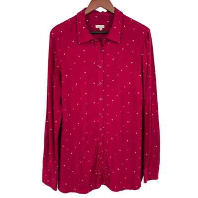 Talbots Sz Large Long Sleeve Magenta Red Polka Dot Button Down Blouse Shirt  Top