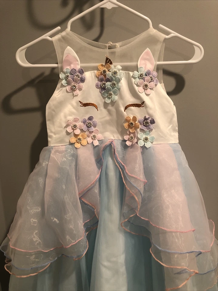 Vestido de Gasa Unicornio Niña Flor Vacaciones Rosa Azul Tul Princesa Sin Marca Foto 3 de 4