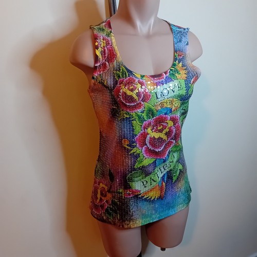 Vintage Y2K Majora Love Is Patient Tank Top Rose Tattoo Sequin Grafitti Print XL - Bild 3 von 14