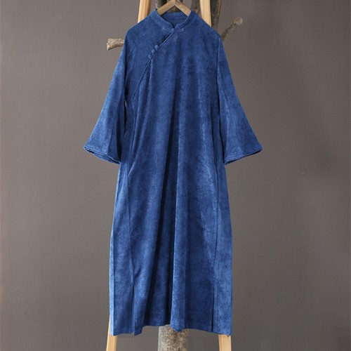 Women Corduroy Dress Retro Cheongsam Qipao Long Ethnic Slim Ethnic Chinese - Picture 9 of 20