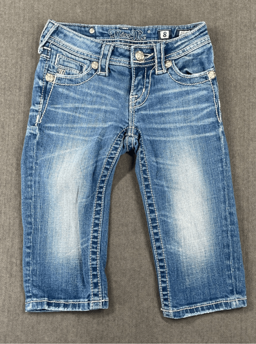 Miss Me Capri Jeans Girls 8 Blue Fleur De Lis Bling Embroidered Distressed Y2K - Picture 2 of 11