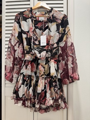 MISA Los Angeles XS Pink And Black Floral Ruffle Smocked Mini DRESS