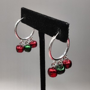 Silver Tone Red Green Jingle Bells Bell Christmas Holiday Hoop Dangle Earrings