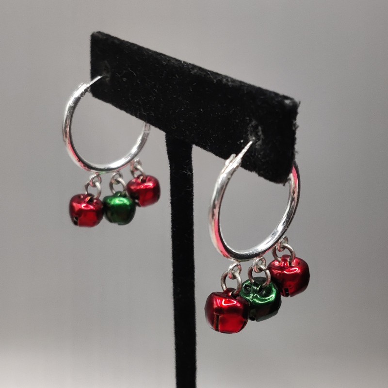 Silver Tone Red Green Jingle Bells Bell Christmas Holiday Hoop Dangle Earrings