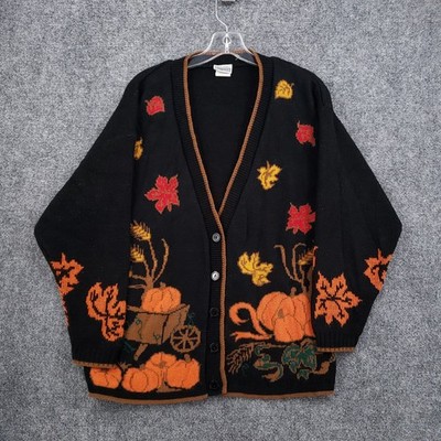 VINTAGE Basic Editions Womens Cardigan Sweater M Black Pumpkin Fall Harvest Knit