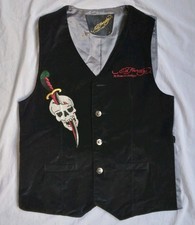 Vintage Don Ed Hardy by Christian Audigier Vest Embroidered Black Velour Snake S