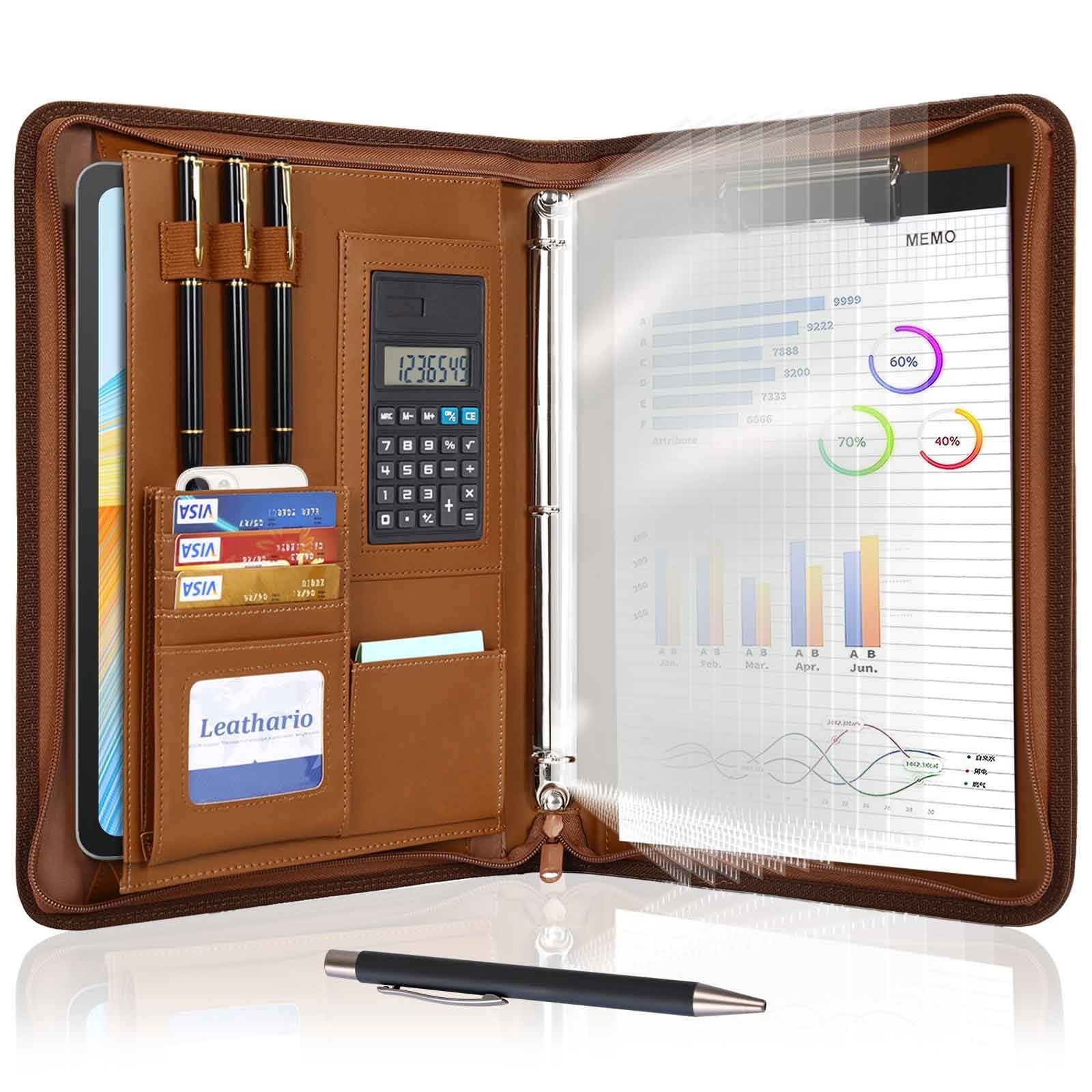 Leather Portfolio Binder Folder Organizer with Zipper, Calculator, Writing Pad