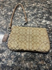 Coach Signature Brown Monogram Wristlet Pouch, Zip Closure, Lined, Silver