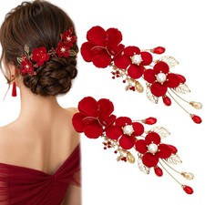 2 Pcs Red Flower Hair Clips Rose Floral Bridal Hairpins Crystal Pearl Flower