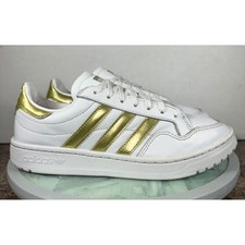 Adidas Team Court White Gold Metallic Stripe Leather Tennis Shoes Sneakers