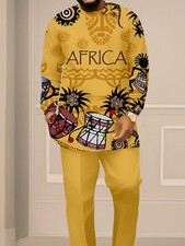 2pcs Men's African-Themed Matching Outfit - Plus Size Yellow AFRICA Print with T