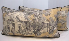 French Country Toile Pillow Covers, Lutece Onyx, Tan/ Black 26"x14", Cotton, New
