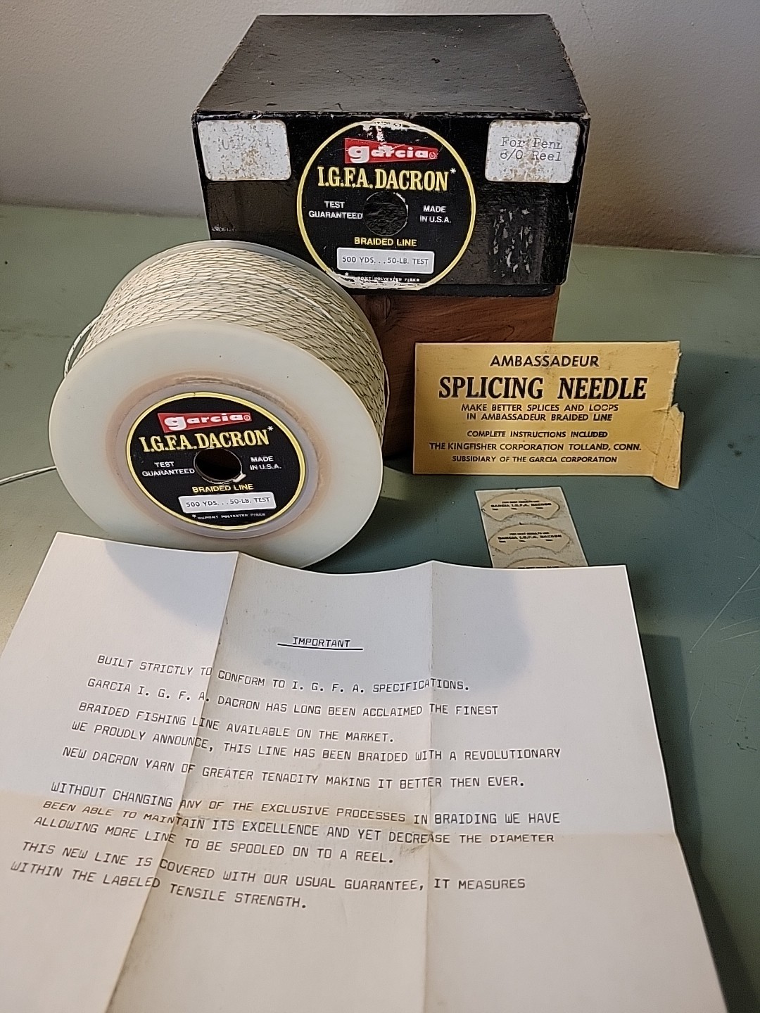 Vtg Garcia I.G.F.A Dacron Fishing Line 50# 500 Yd Full Spool W/ Box Needle Etc