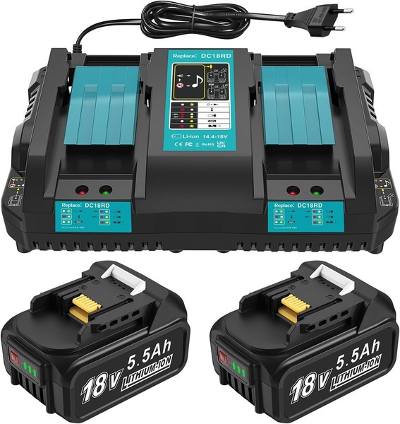 LadegeräT Kompatibel Mit Makita DC18RD DoppelladegeräT + 2 Akkus 18V 5.5AH-image