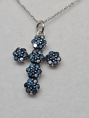 Kreuz Anhänger 9kt Weißgold blauer Diamant & 9kt Kette (2,42g) - Bild 6 von 9