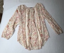 Chaps Women Floral Round Tie Neck Long Elastic Sleeve Cotton Tunic Top Size ?