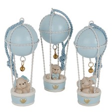 3 PZ MONGOLFIERA in resina CELESTE con orsetto 12 cm BOMBONIERA 1FKA