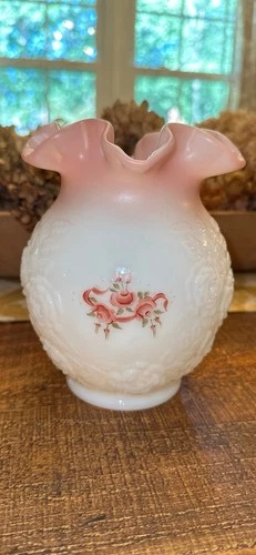 Fenton Art Glass Antique Rose Pink Opaline Ivory Ruffled Vase Hand Painted