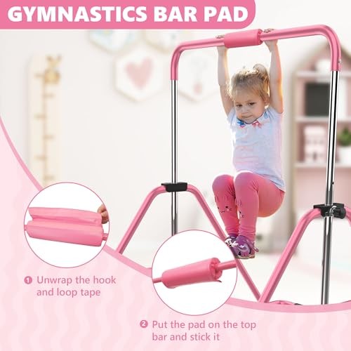  Gymnastics Bar with Mat, Foldable Gymnastics Horizontal Bar Height Pink-Mat
