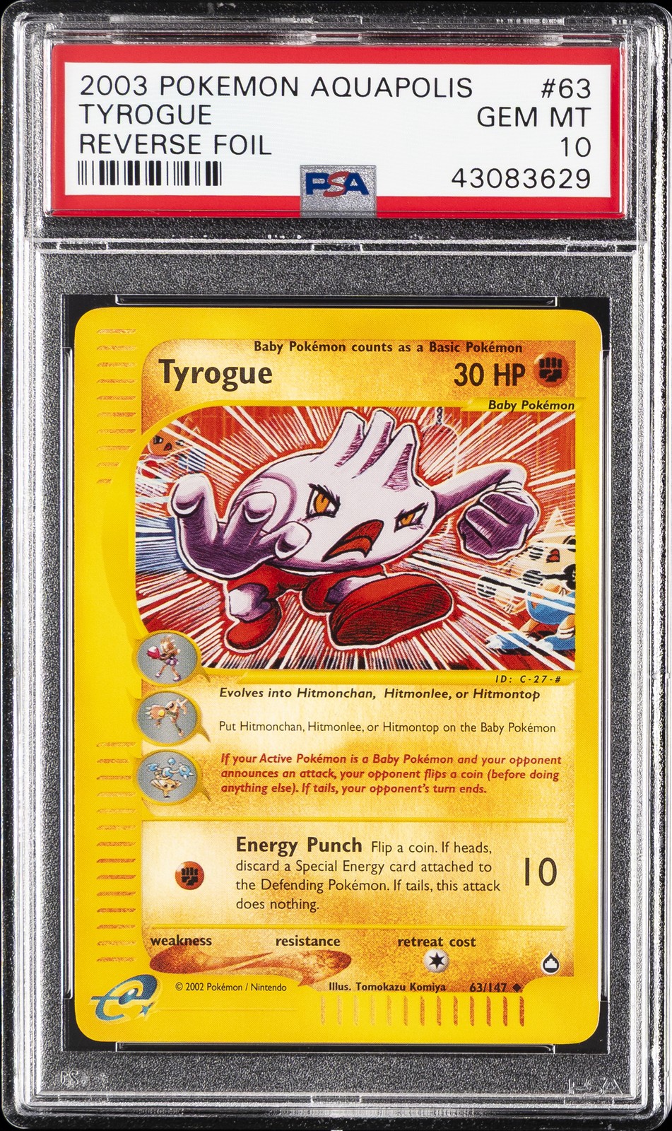 2003 POKEMON AQUAPOLIS #63 TYROGUE-REVERSE FOIL PSA 10