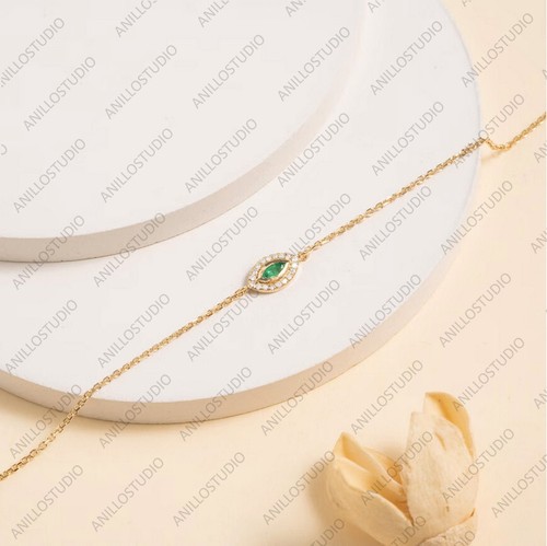 Marquise Emerald Tiny Evil Eye Chain Bracelet Lucky Eye 14k Gold Good Luck Charm - Picture 7 of 7