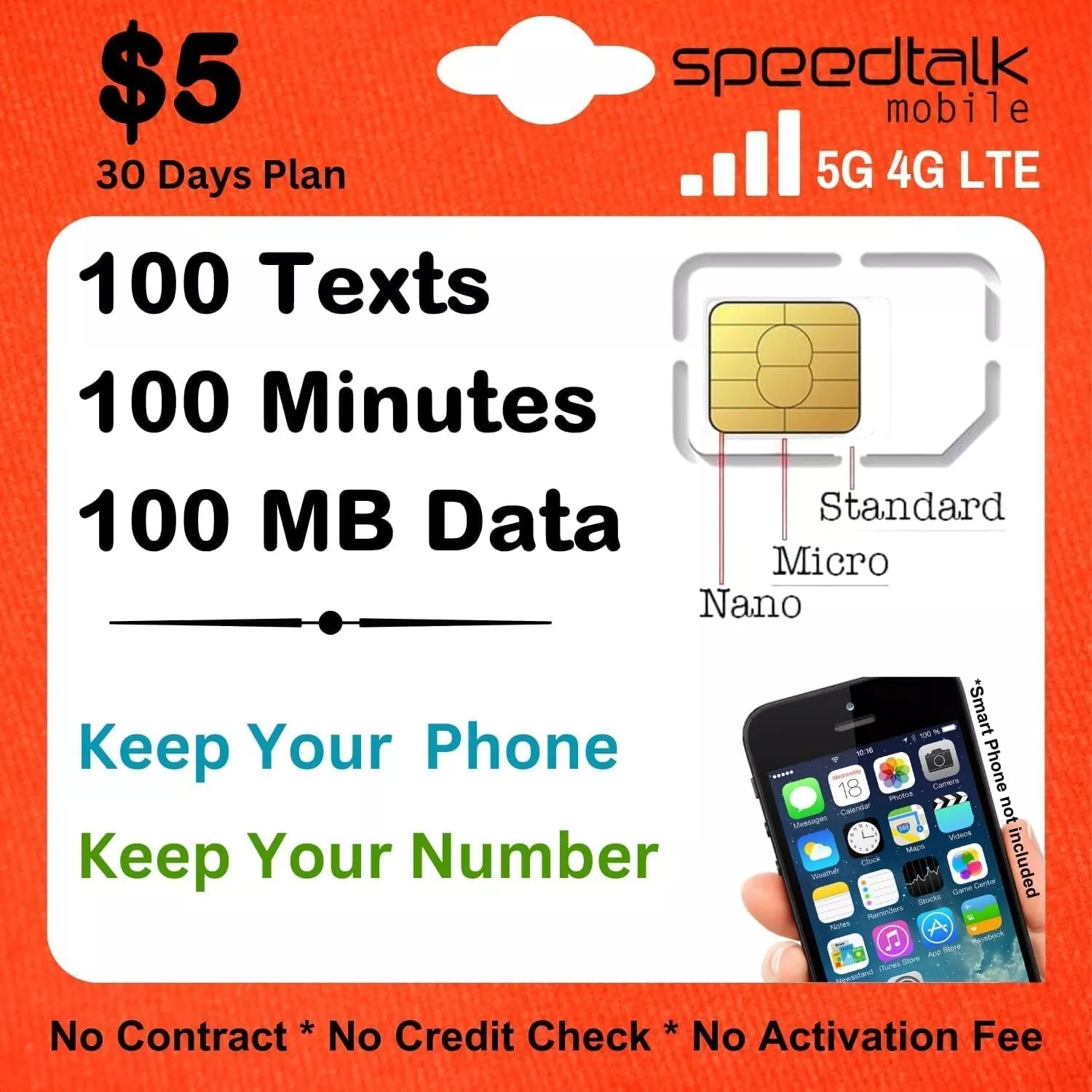 $5 Speedtalk Mobile Prepaid SIM Card for iPhone, Samsung and other android phones 1 month service plan